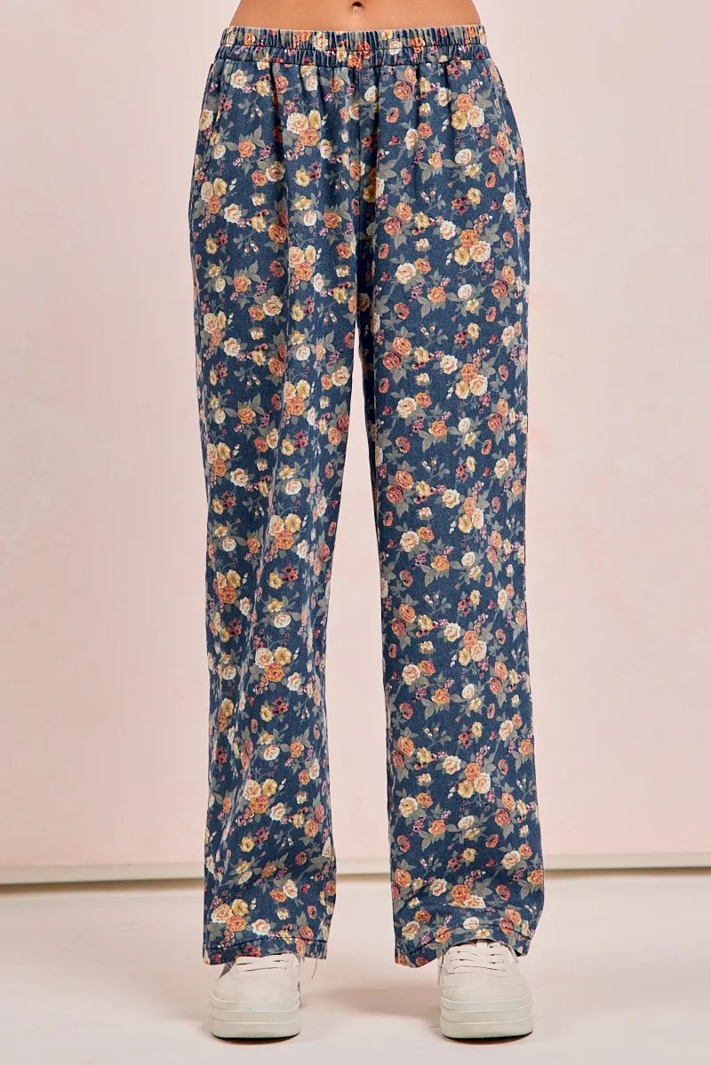 BiBi Washed Floral Print Wide Leg Jeans - Modanista Fashion