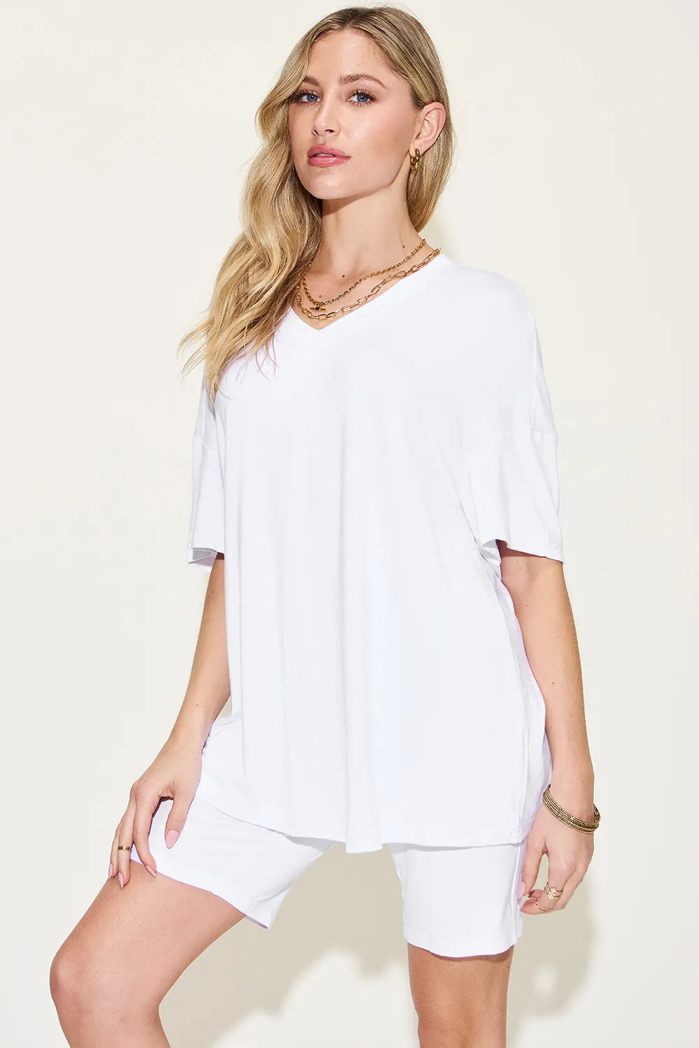 Basic Bae Full Size V-Neck Drop Shoulder T-Shirt and Shorts Set - Modanista Fashion