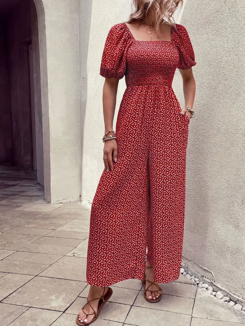 Printed Square Neck Puff Sleeve Jumpsuit - Modanista Fashion