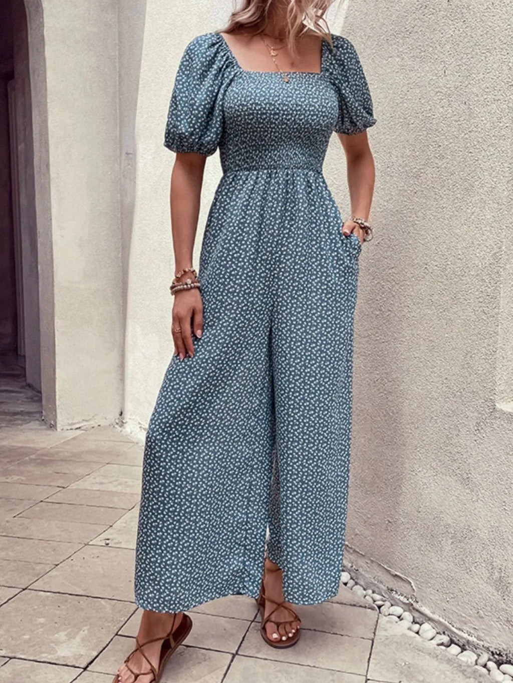 Printed Square Neck Puff Sleeve Jumpsuit - Modanista Fashion