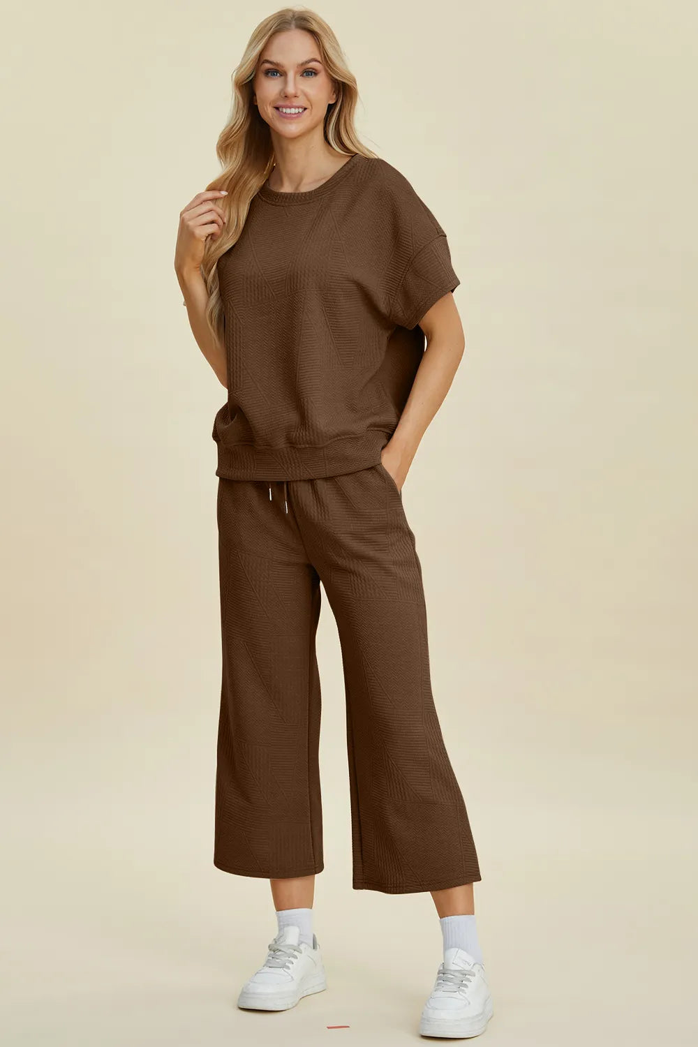 Double Take Full Size Texture Round Neck Top and Pants Set - Modanista Fashion