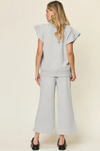 Double Take Texture Ruffle Short Sleeve Top and Drawstring Wide Leg Pants Set - Modanista Fashion