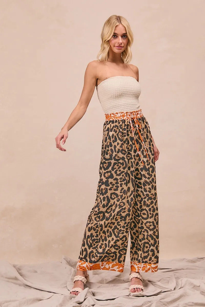 BiBi Leopard Print With Contrast Banded Wide Pants - Modanista Fashion