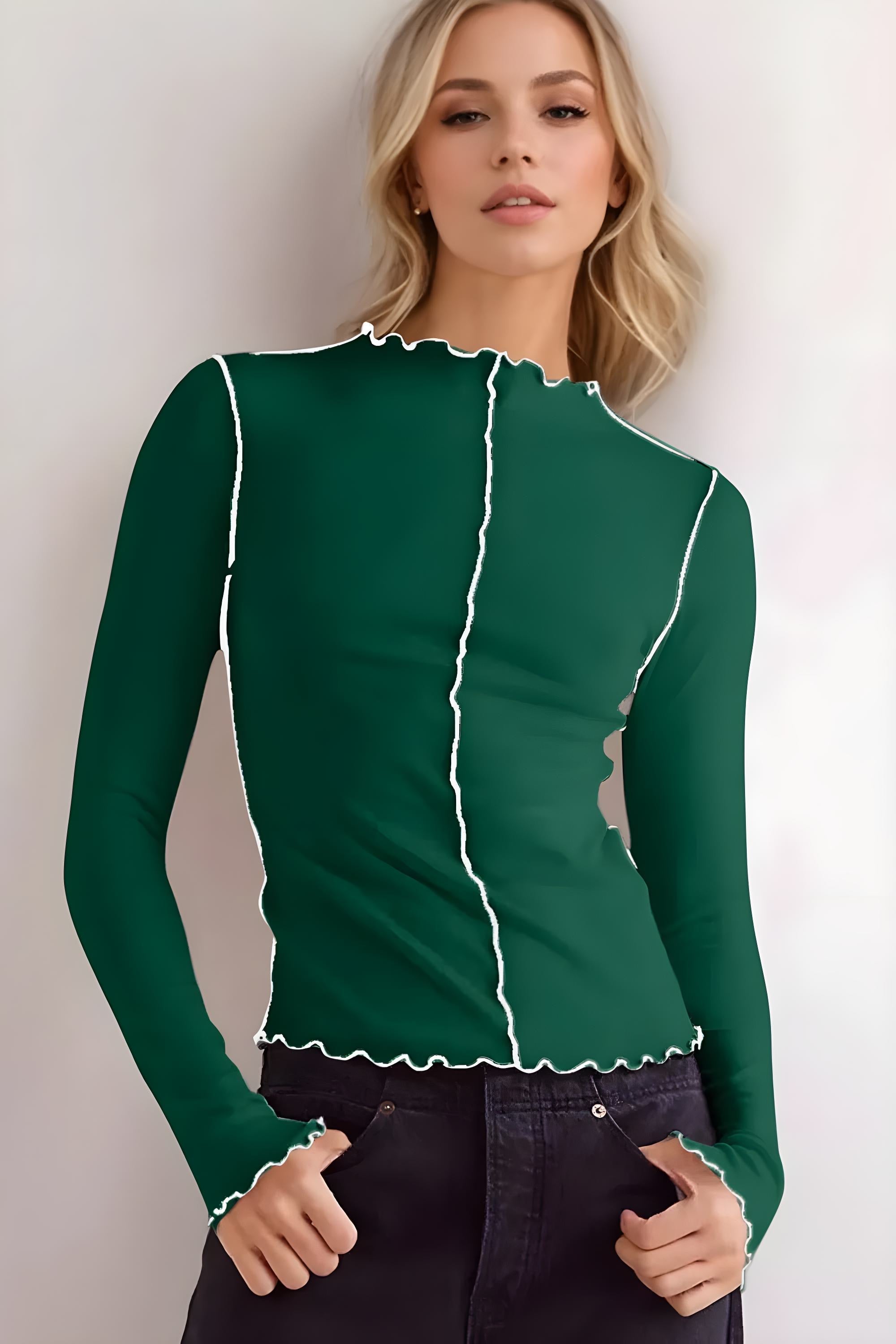 Camiseta básica do Bae Contrast Trim mock pescoço de manga longa