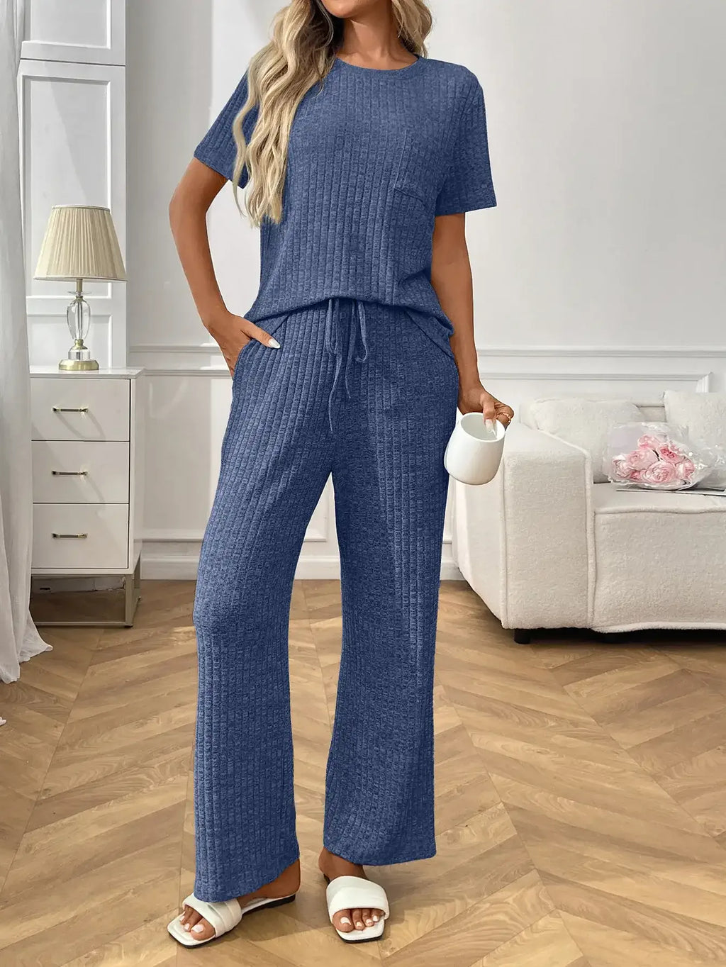 Ribbed Knit Short Sleeve Top and Pants Lounge Set - Modanista Fashion