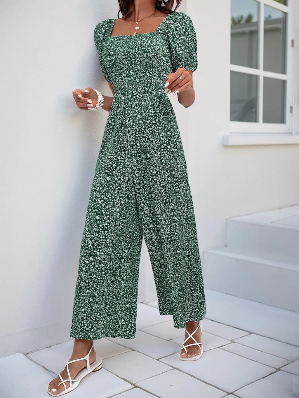 Printed Square Neck Puff Sleeve Jumpsuit - Modanista Fashion