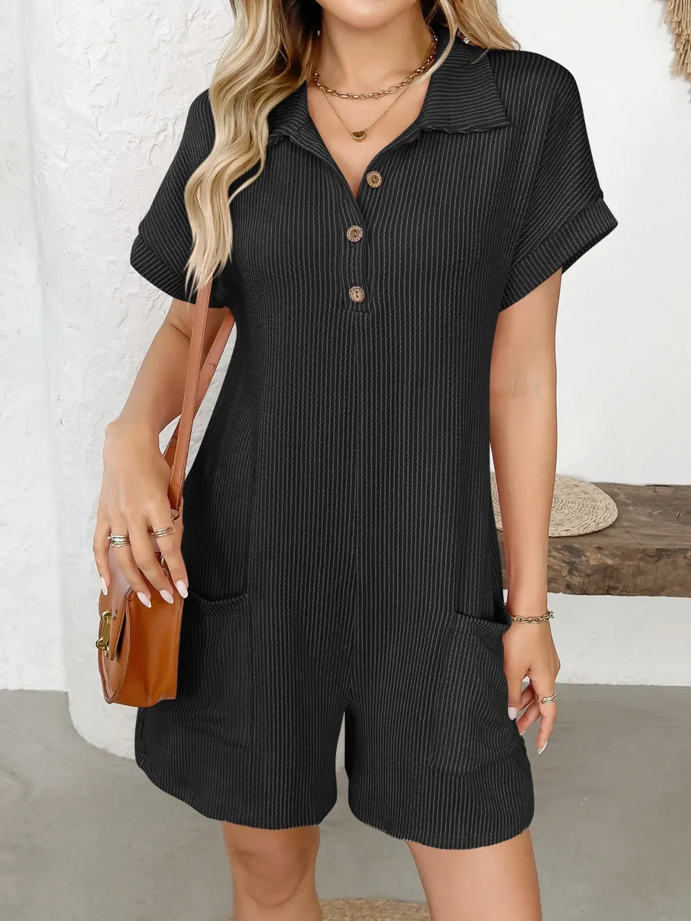 Button Detail Collared Neck Short Sleeve Romper - Modanista Fashion