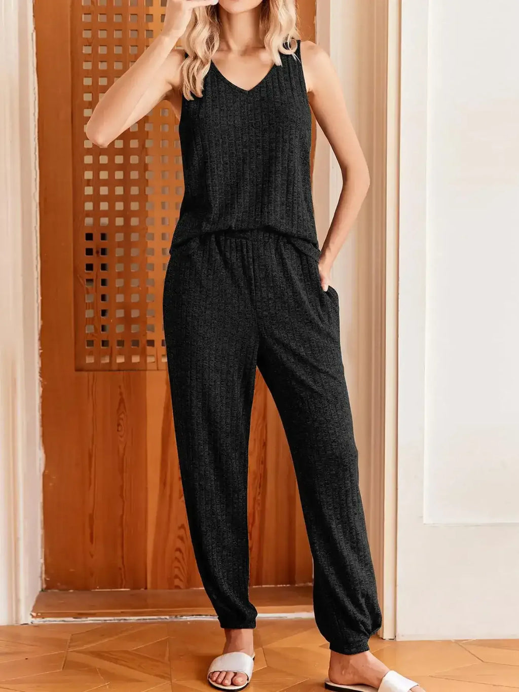 Ribbed Knit V-Neck Tank and Pants Lounge Set - Modanista Fashion