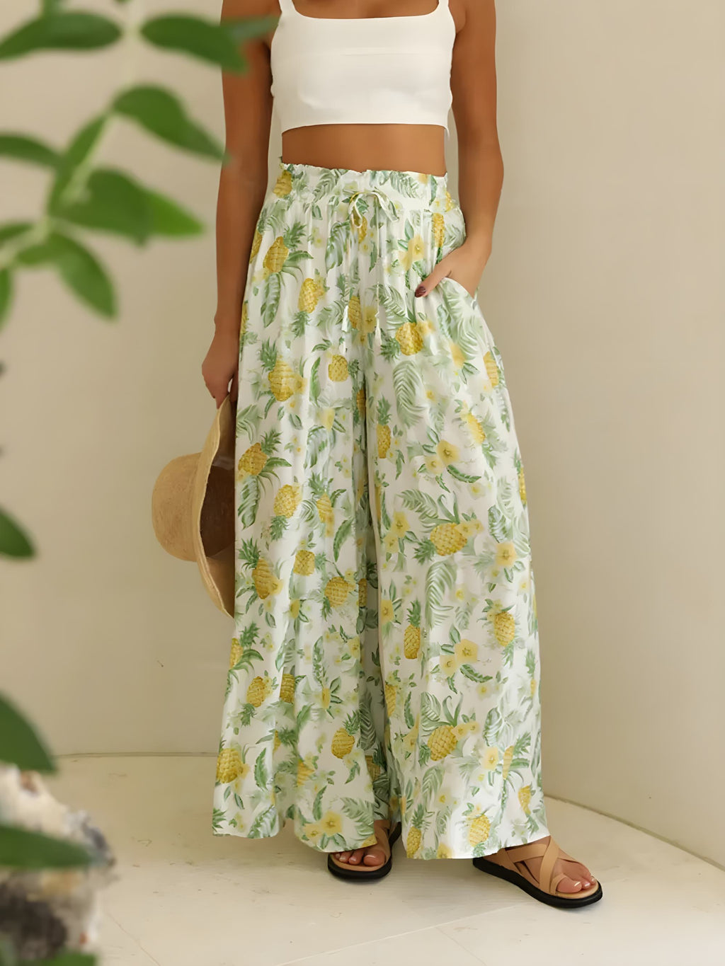 Šňůrkový pasový pasový pas vytištěné široké nohy kalhoty