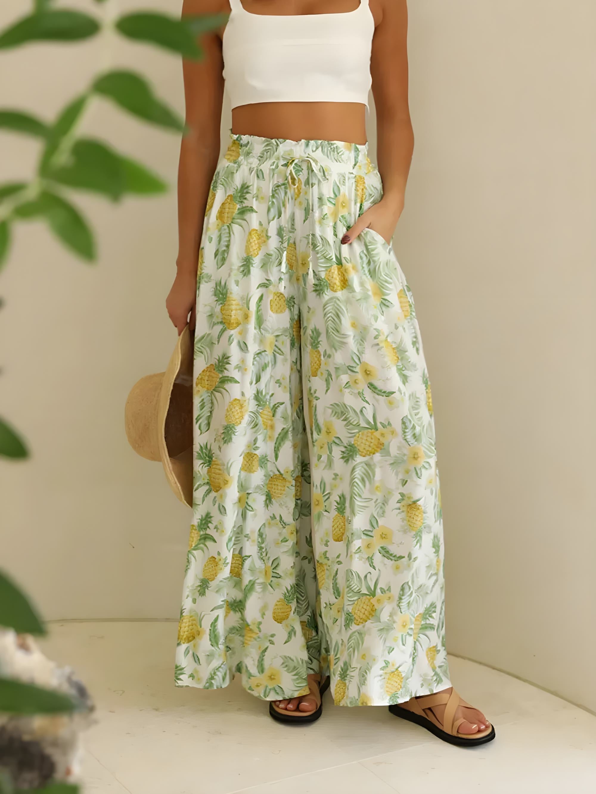 Šňůrkový pasový pasový pas vytištěné široké nohy kalhoty