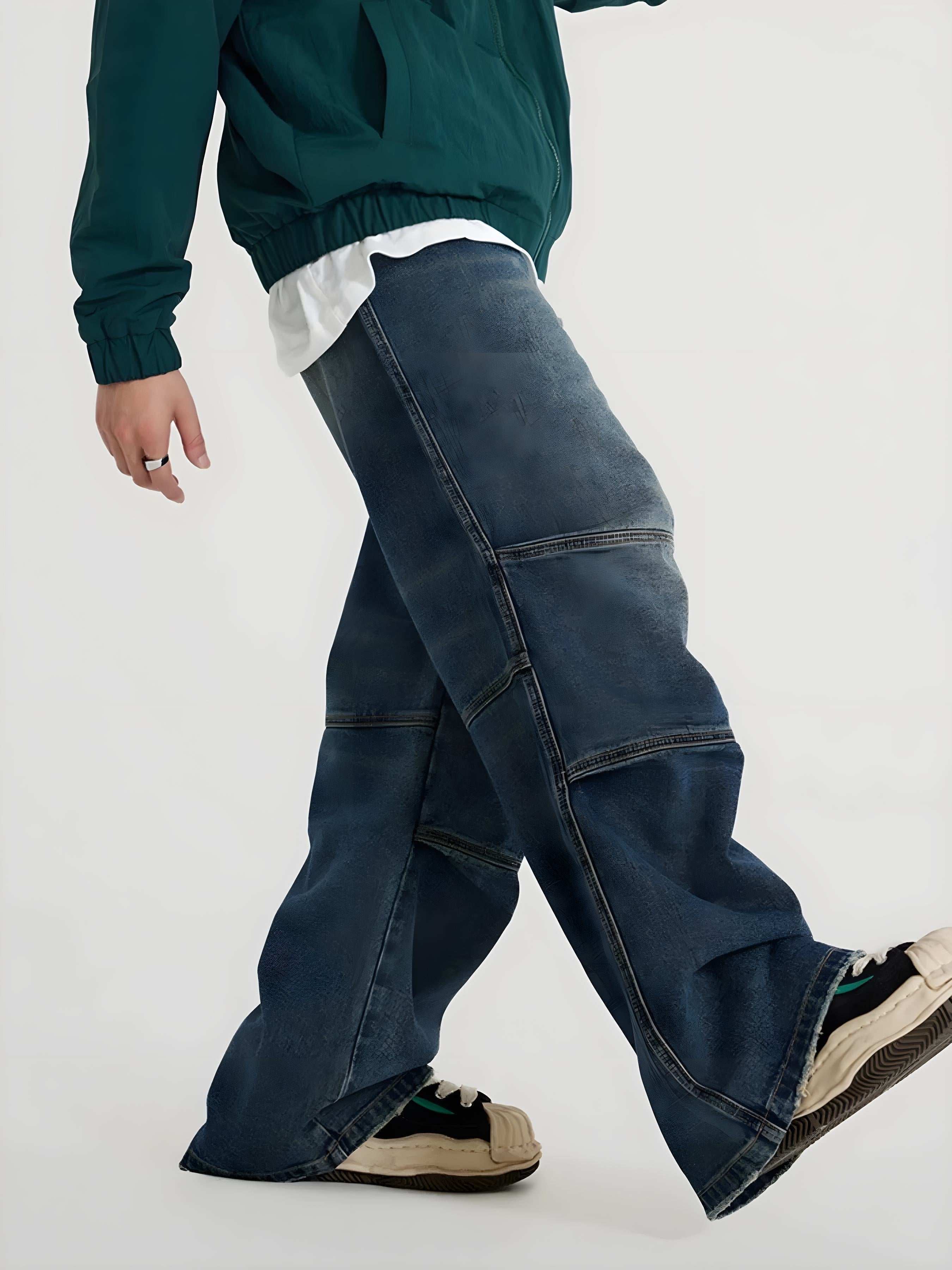 Men’s Vintage Wide-Leg Utility Jeans with Multi-Panel Design