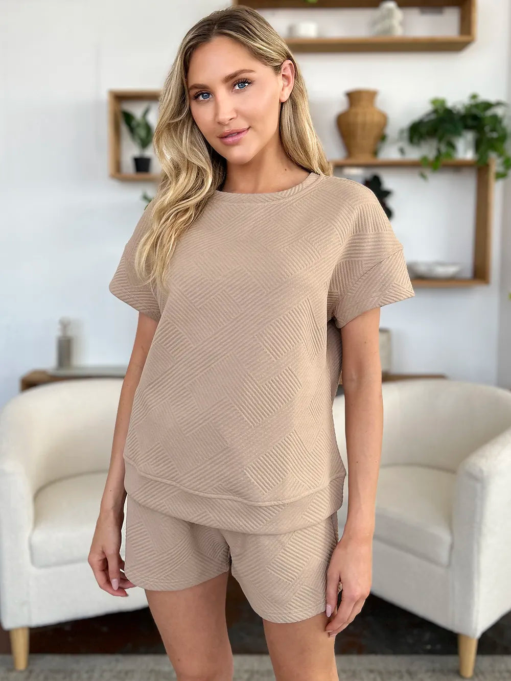 Double Take Full Size Texture Short Sleeve T-Shirt and Drawstring Shorts Set - Modanista Fashion