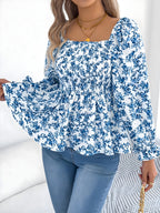 Floral Square Neck Flounce Sleeve Blouse for Women