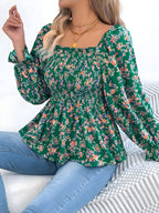 Floral Square Neck Flounce Sleeve Blouse for Women