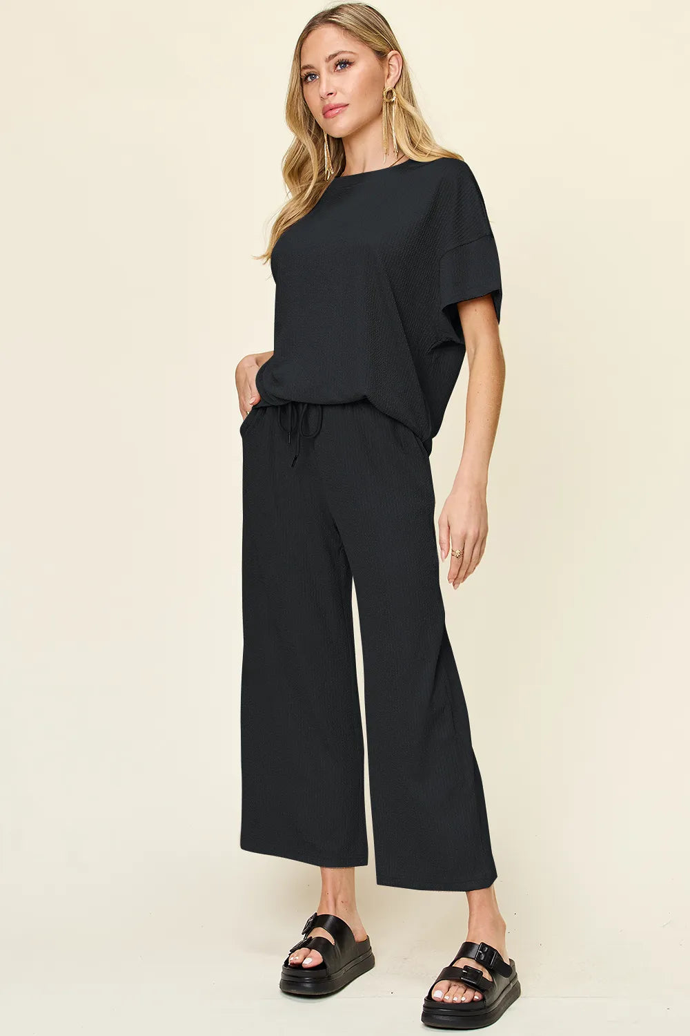Double Take Full Size Texture Round Neck Short Sleeve T-Shirt and Wide Leg Pants - Modanista Fashion