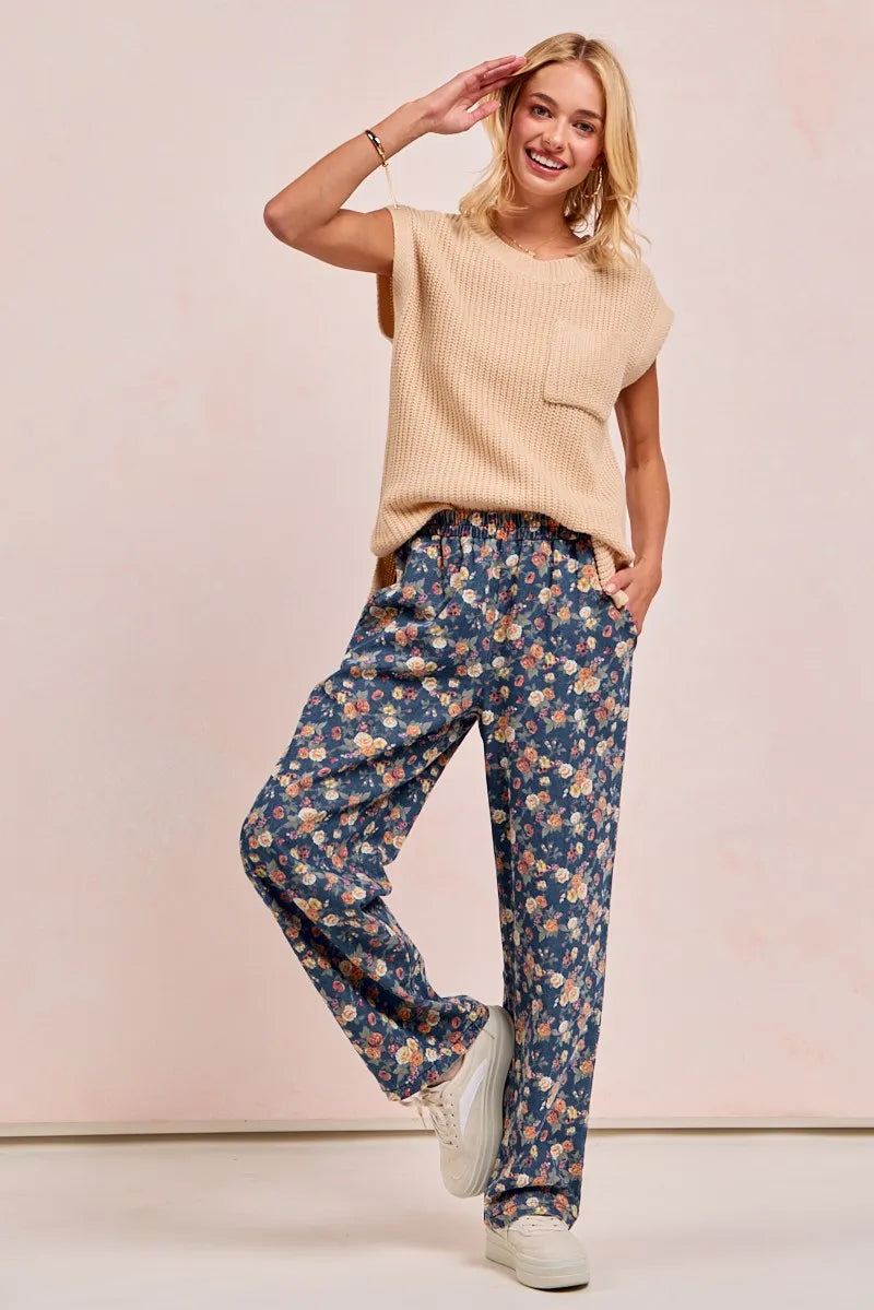 BiBi Washed Floral Print Wide Leg Jeans - Modanista Fashion