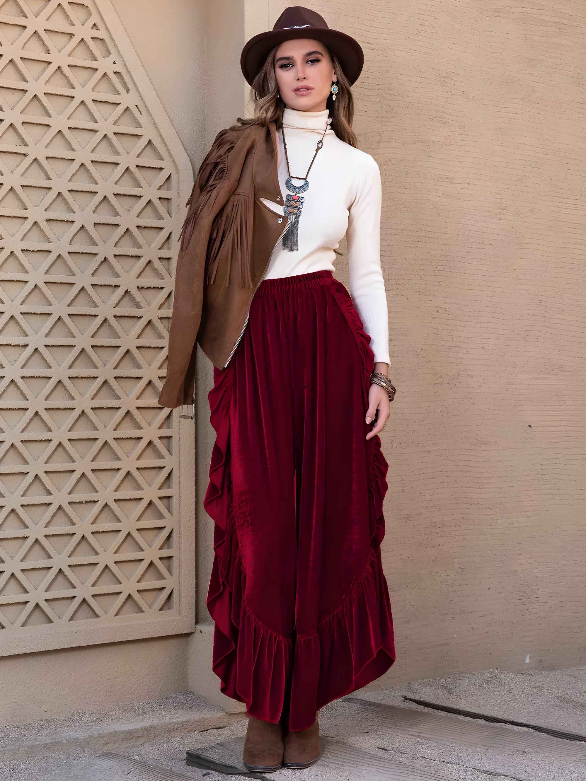 Pantalon large à jambes fendues et volants