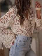 Lace Button-Up Long Sleeve Shirt for Women