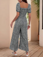 Tryckt fyrkantig nacke puffhylsa jumpsuit