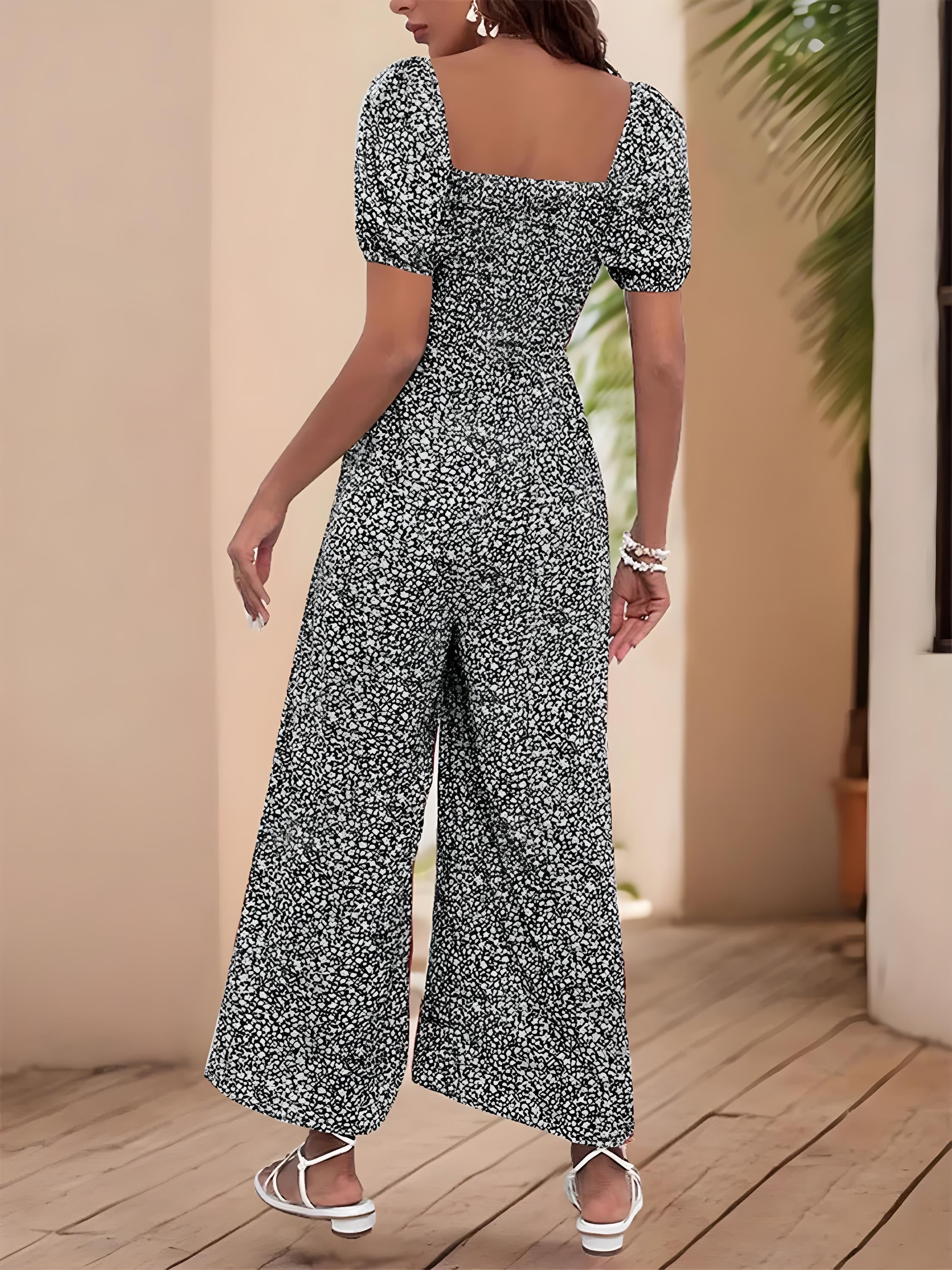 Tryckt fyrkantig nacke puffhylsa jumpsuit