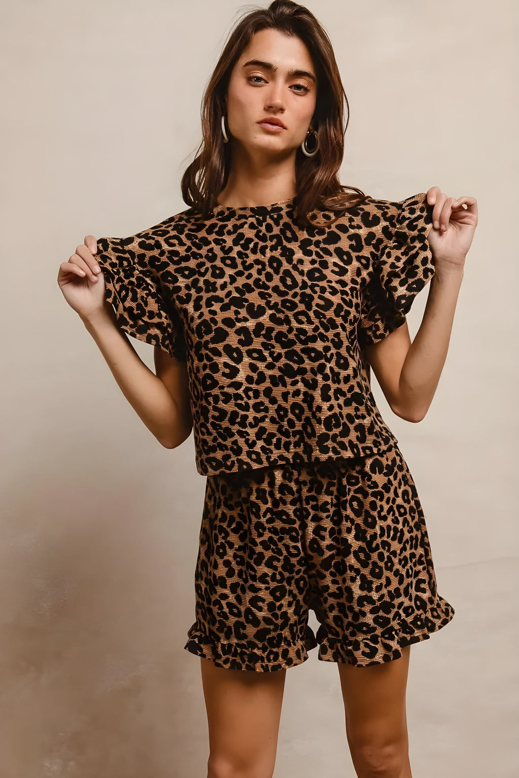 Bibi Leopard Print Waffle Texture Layered Ruffle Sleeve Top and Shorts Set