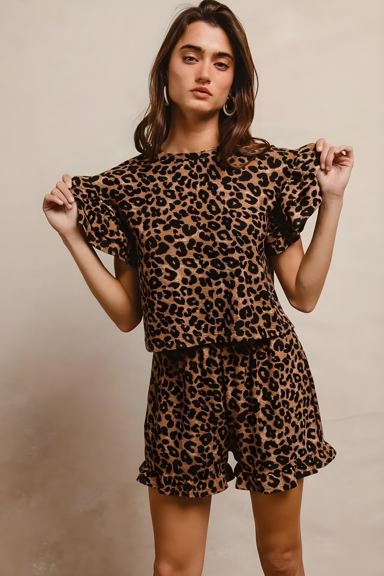 Bibi Leopard Print Waffle Texture Layered Ruffle Sleeve Top and Shorts Set