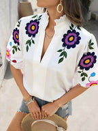 Floral Print Notched Puff Sleeve Blouse for Women