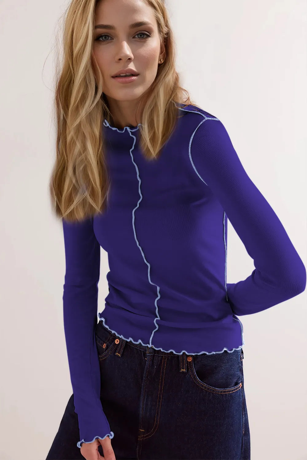 Basic Bae Contrast Trim Mock Neck Long Sleeve T-Shirt - Modanista Fashion