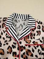 Leopard and Striped Trim Shirt and Pants Set - Modanista Fashion