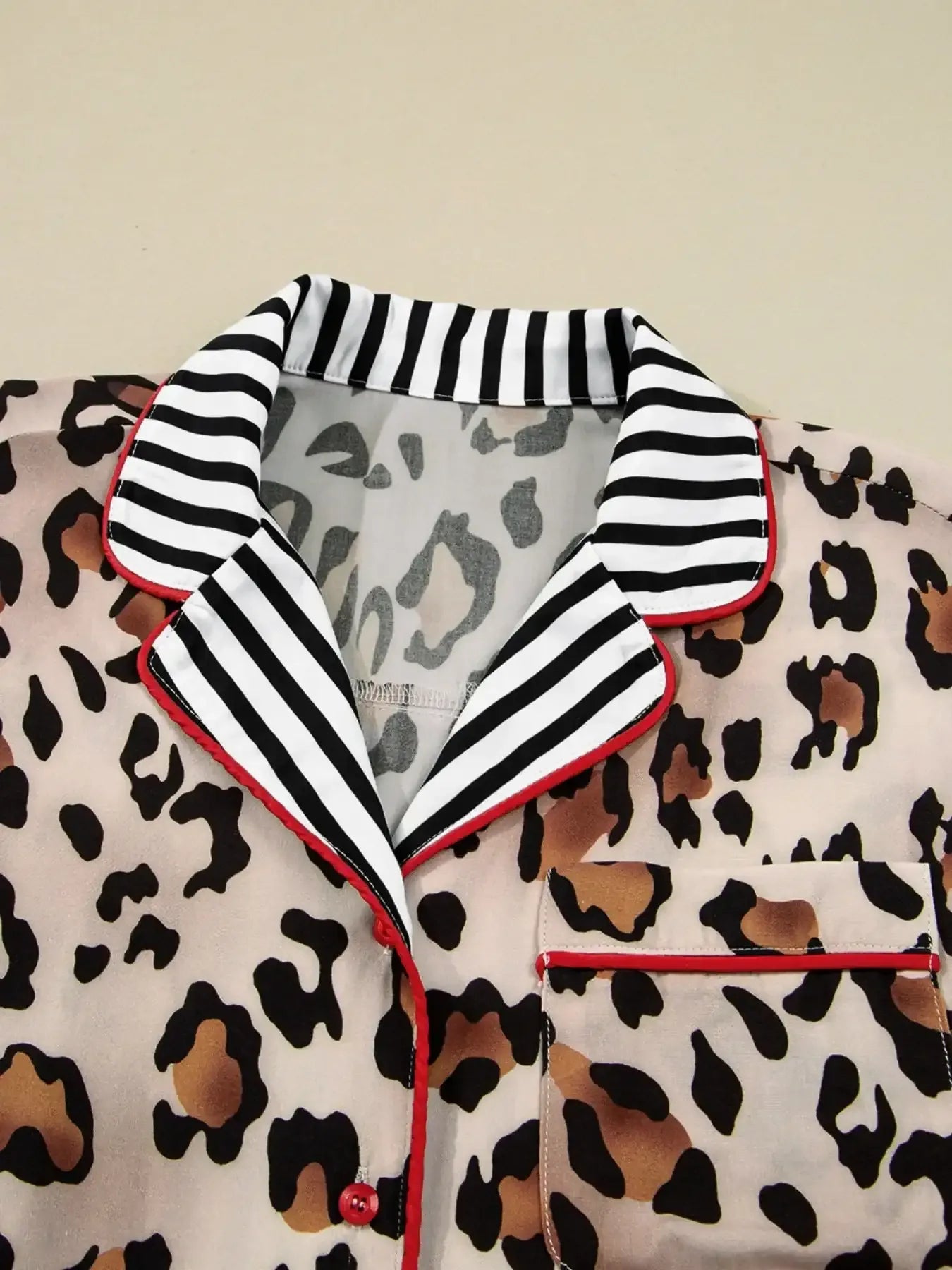 Leopard and Striped Trim Shirt and Pants Set - Modanista Fashion