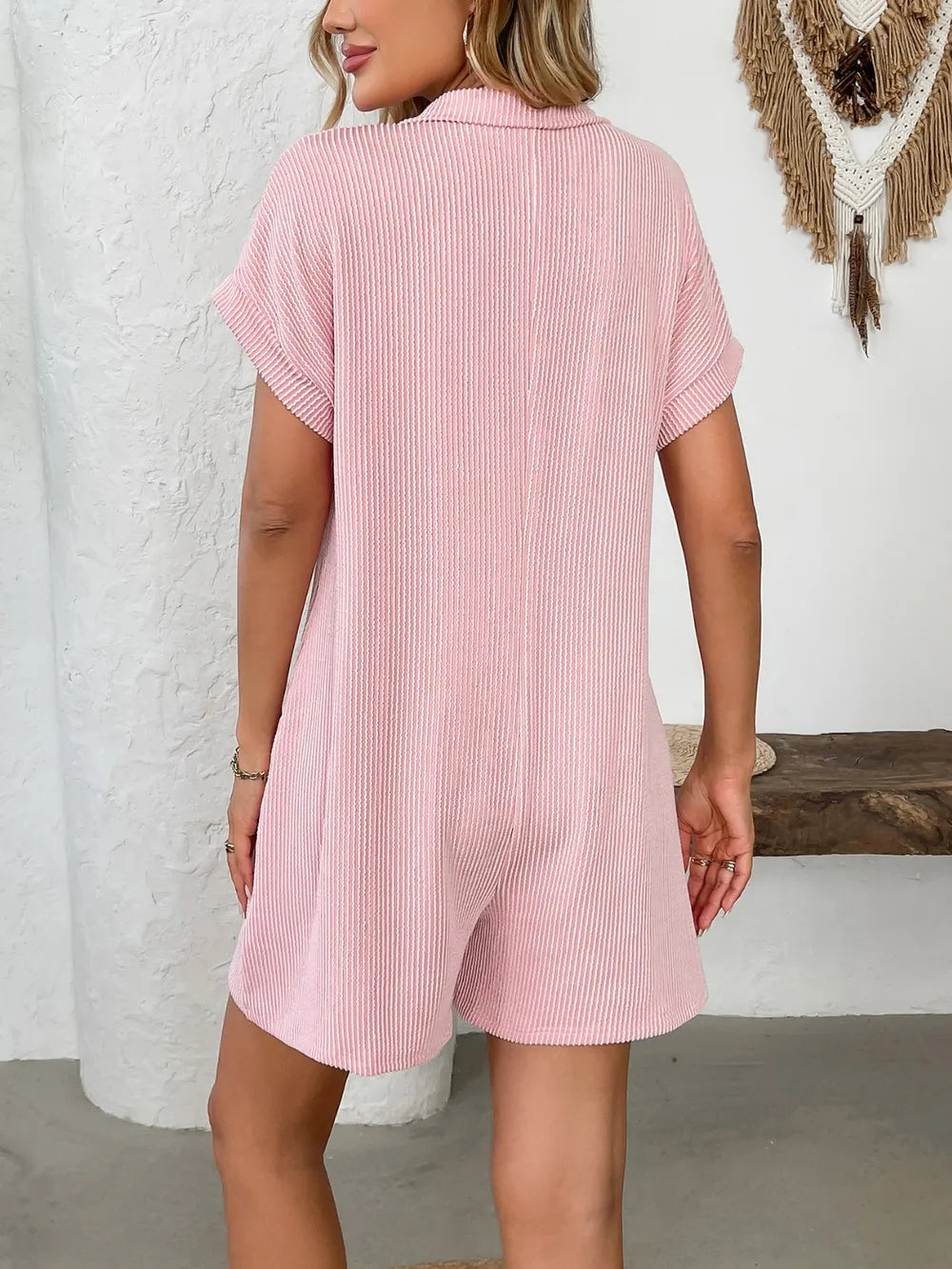 Button Detail Collared Neck Short Sleeve Romper - Modanista Fashion