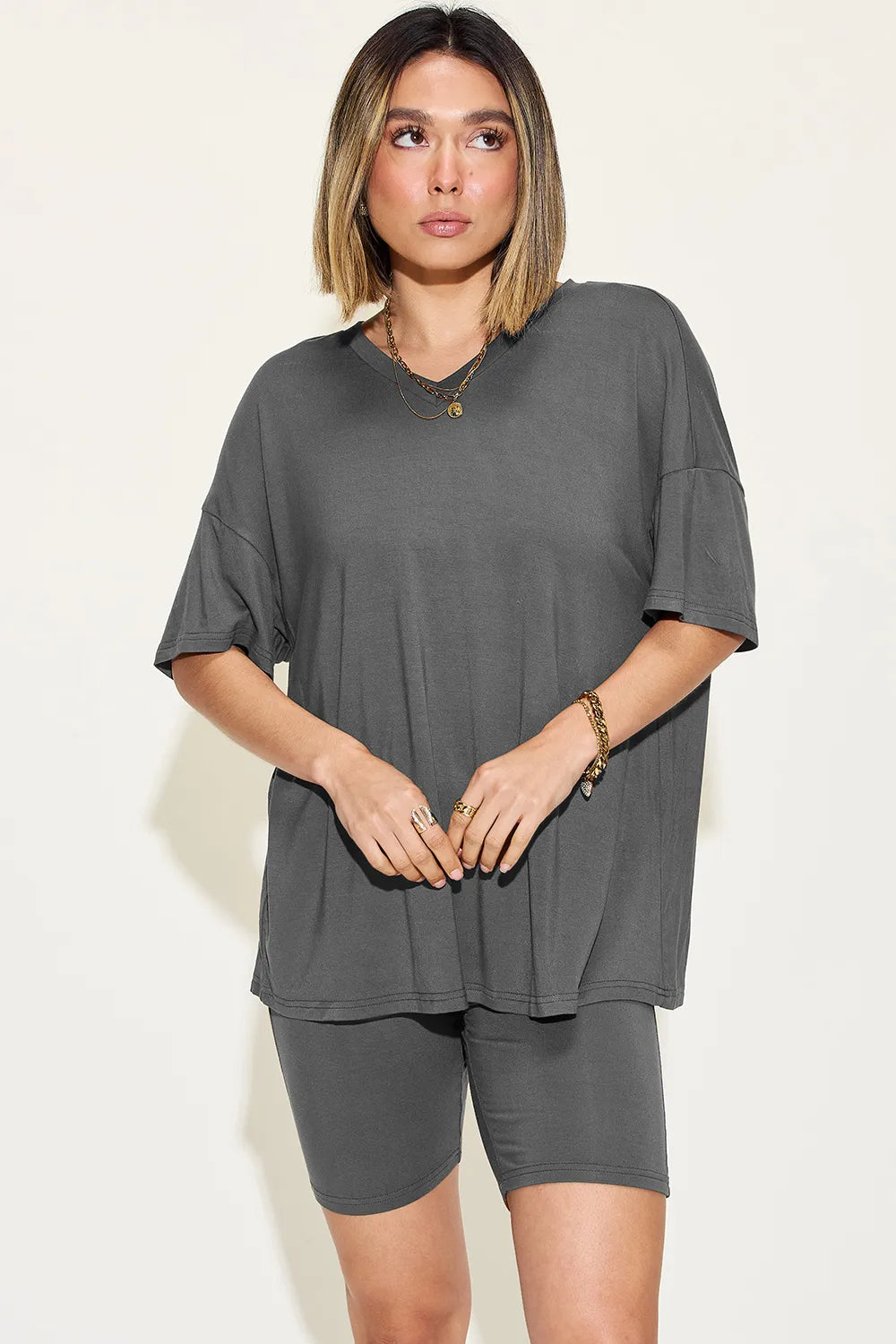Basic Bae Full Size V-Neck Drop Shoulder T-Shirt and Shorts Set - Modanista Fashion