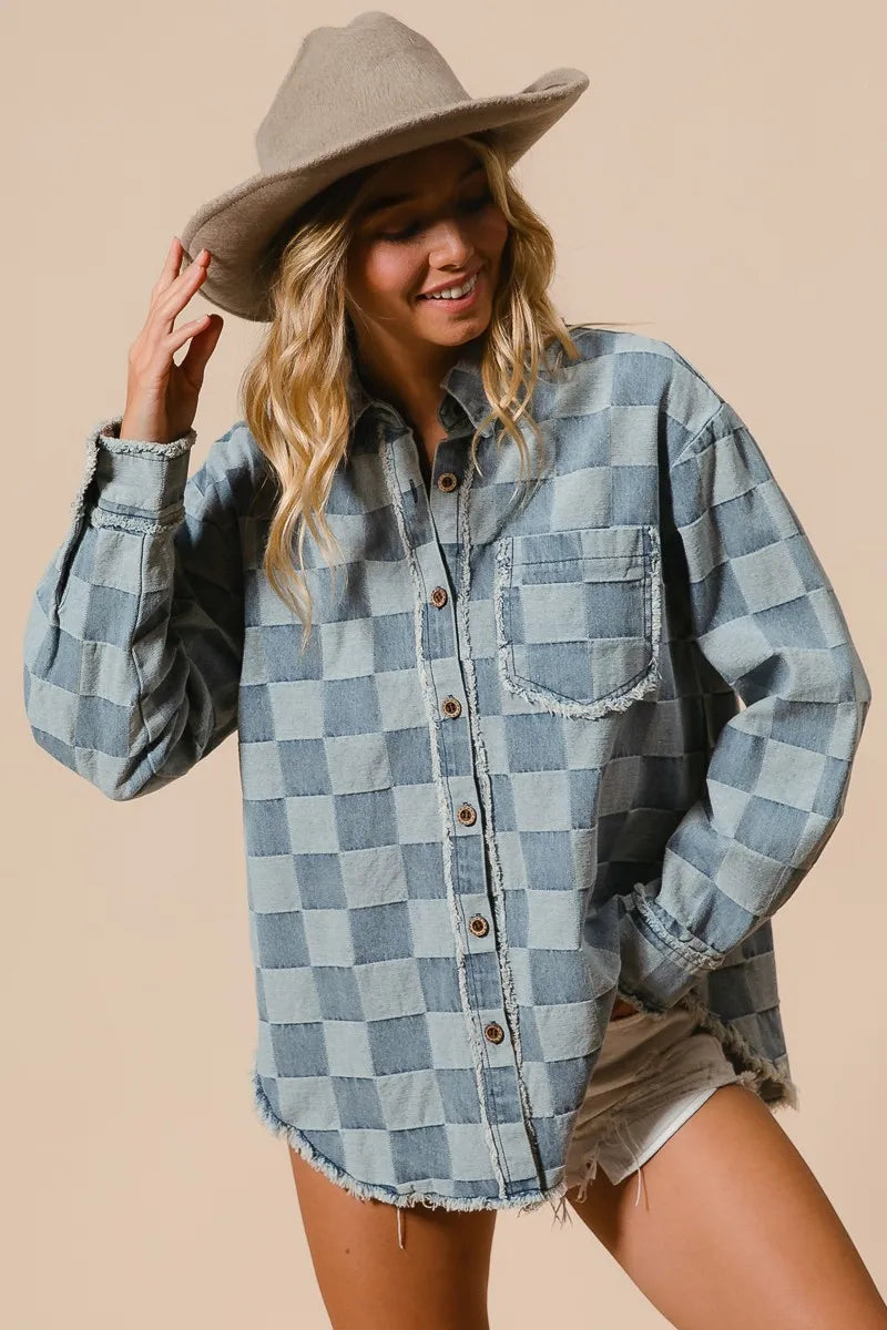 BiBi Frayed Edged Detail Washed Checker Denim Shirt - Modanista Fashion