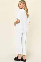 Double Take Full Size Texture Round Neck Short Sleeve T-Shirt and Wide Leg Pants - Modanista Fashion