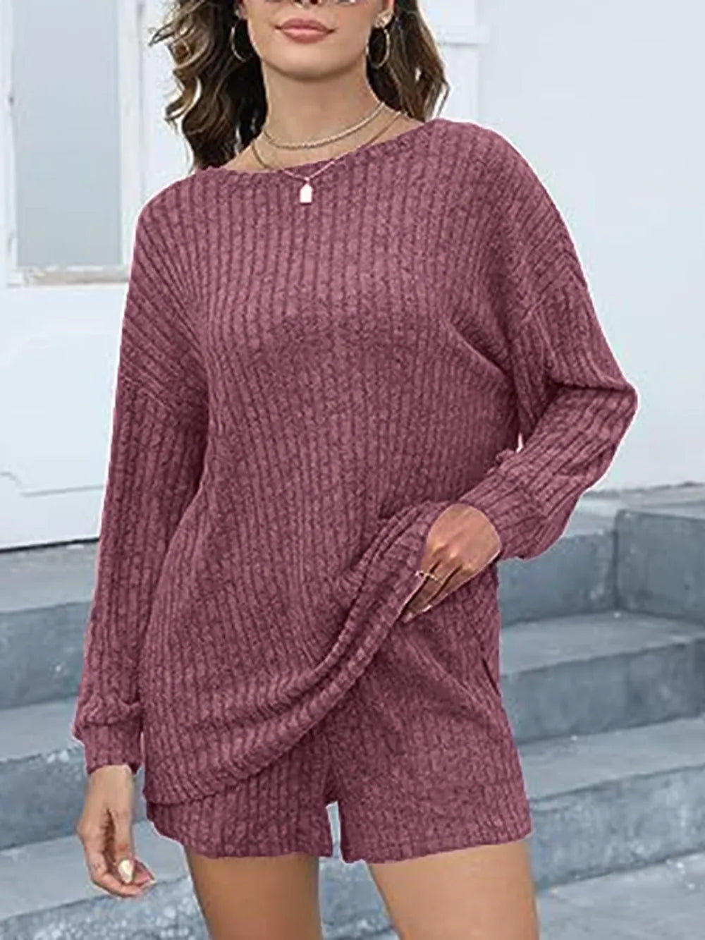 Round Neck Dropped Shoulder Top and Shorts Set - Modanista Fashion