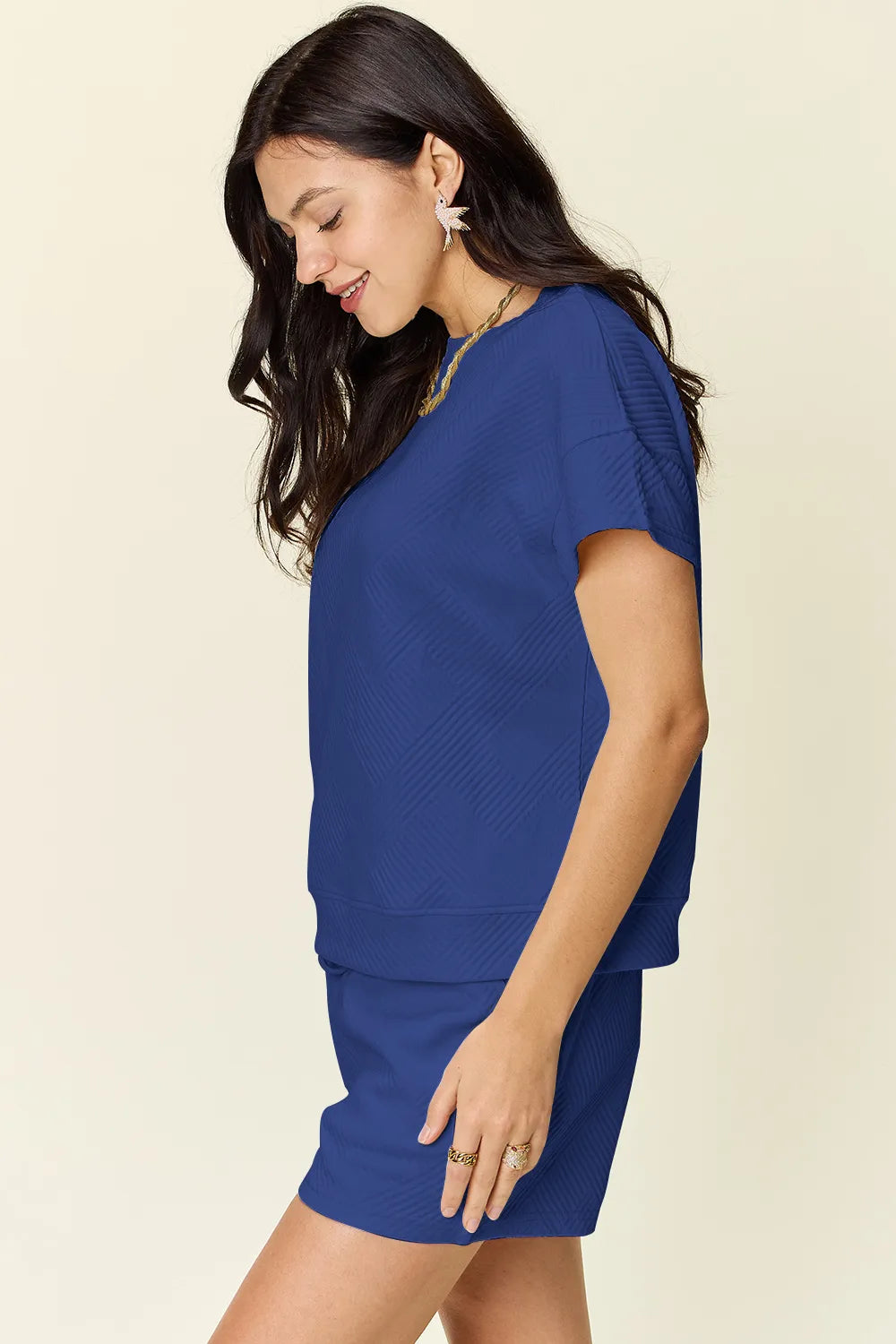 Double Take Full Size Texture Short Sleeve T-Shirt and Drawstring Shorts Set - Modanista Fashion