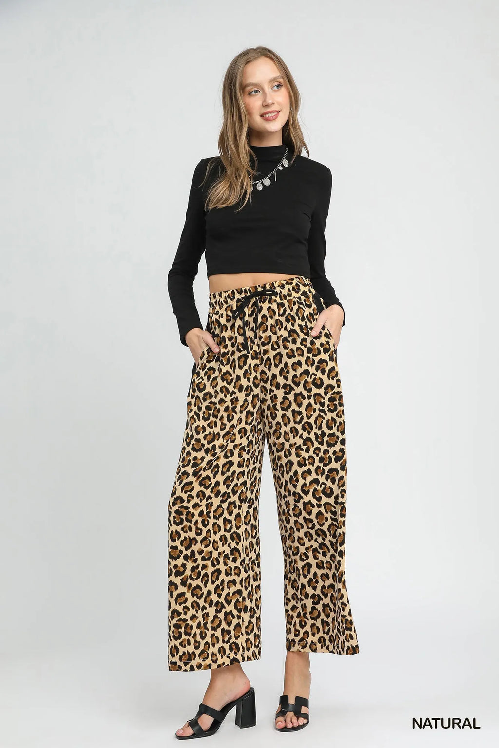 Umgee Leopard Print Wide-Leg Drawstring Pants - Modanista Fashion