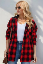 Double Take Drawstring Plaid Long Sleeve Hooded Shacket - Modanista Fashion