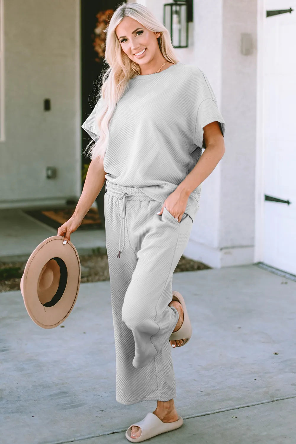 Double Take Full Size Texture Short Sleeve Top and Pants Set - Modanista Fashion