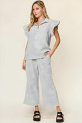 Double Take Texture Ruffle Short Sleeve Top and Drawstring Wide Leg Pants Set - Modanista Fashion