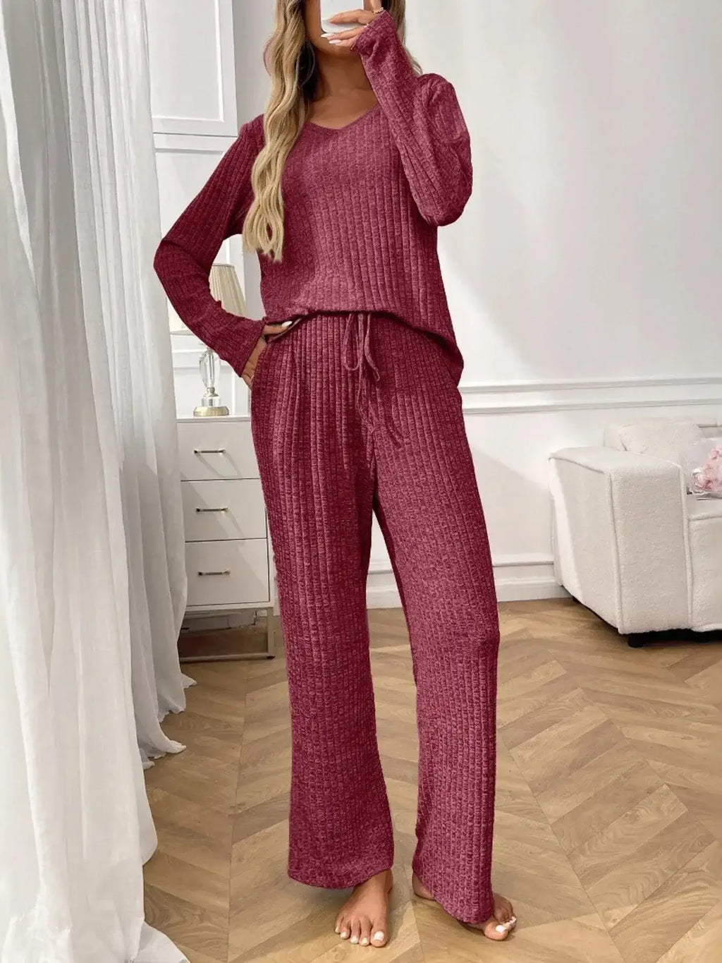 Ribbed Long Sleeve Top and Pants Lounge Set - Modanista Fashion