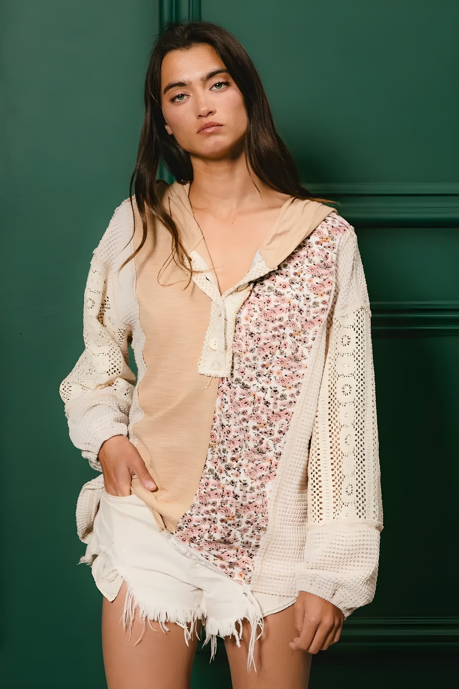 BiBi Slub Jersey with Lace Combo Buttoned Hoodie Top