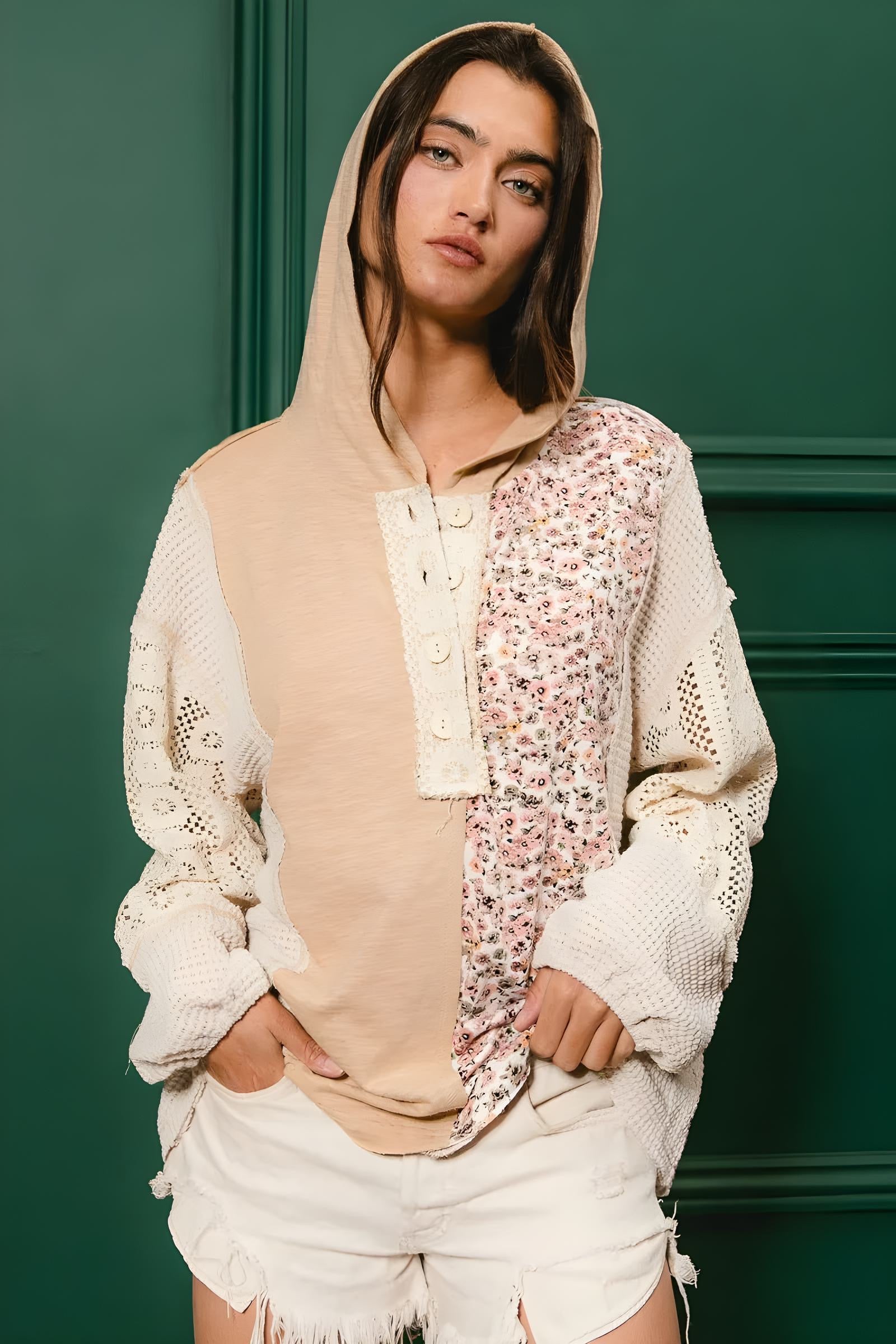 BiBi Slub Jersey with Lace Combo Buttoned Hoodie Top