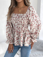 Floral Square Neck Flounce Sleeve Blouse for Women