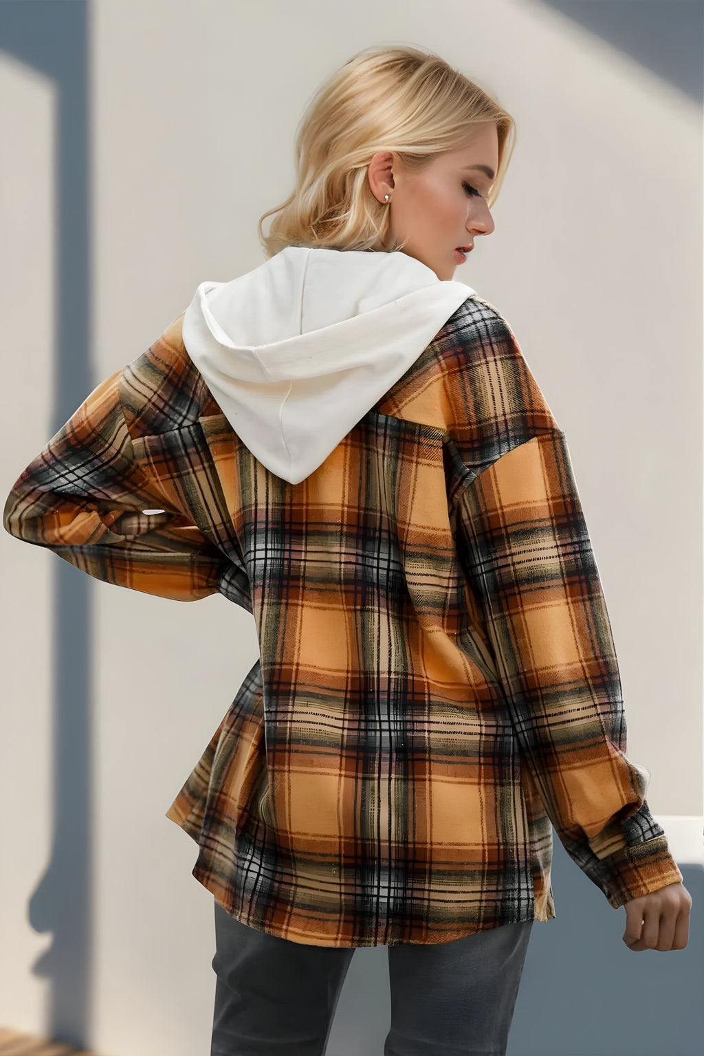 Double Take Drawstring Plaid Long Sleeve Hooded Shacket - Modanista Fashion