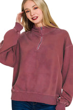 Zenana F/Terry Pigment Dye & Enzyme Wash Half-Zip Top for Women