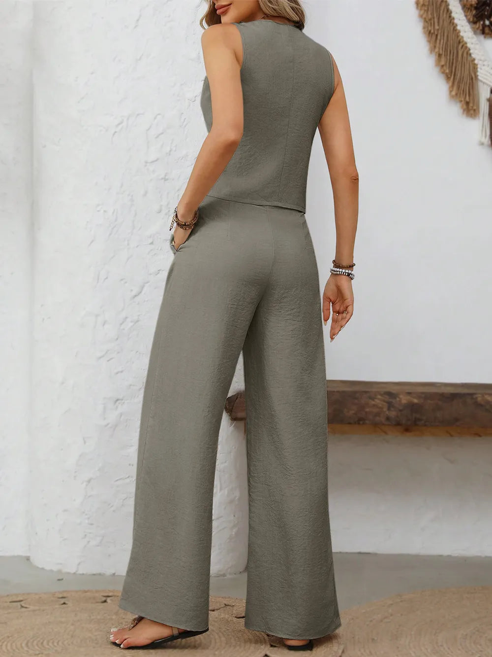 V-Neck Button Down Vest and Wide Leg Pants Set - Modanista Fashion