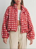 Fleece Checkered Puff Sleeve Bomber Jacket - Modanista Fashion