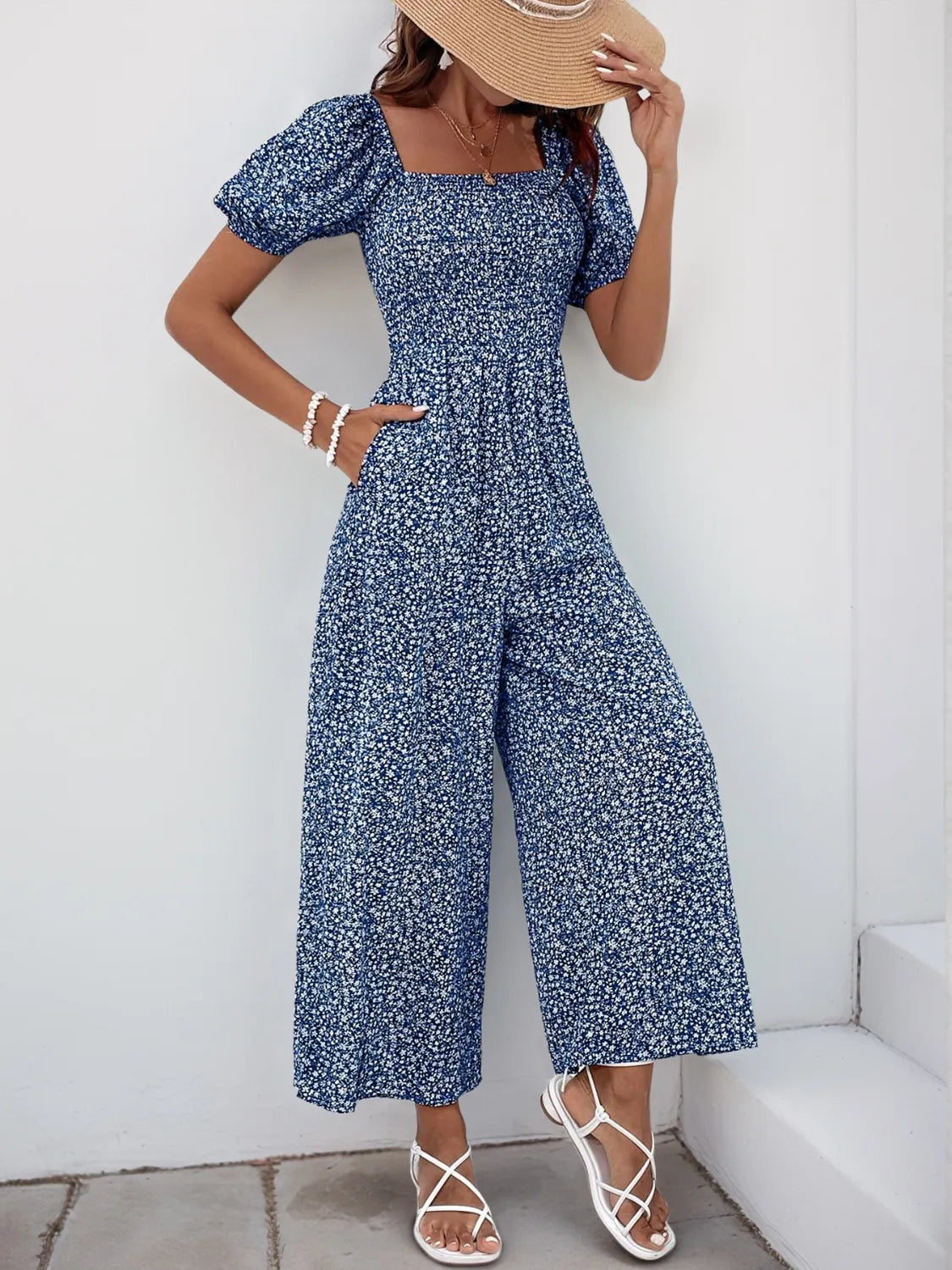 Printed Square Neck Puff Sleeve Jumpsuit - Modanista Fashion