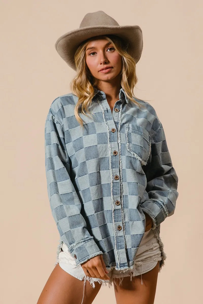 BiBi Frayed Edged Detail Washed Checker Denim Shirt - Modanista Fashion